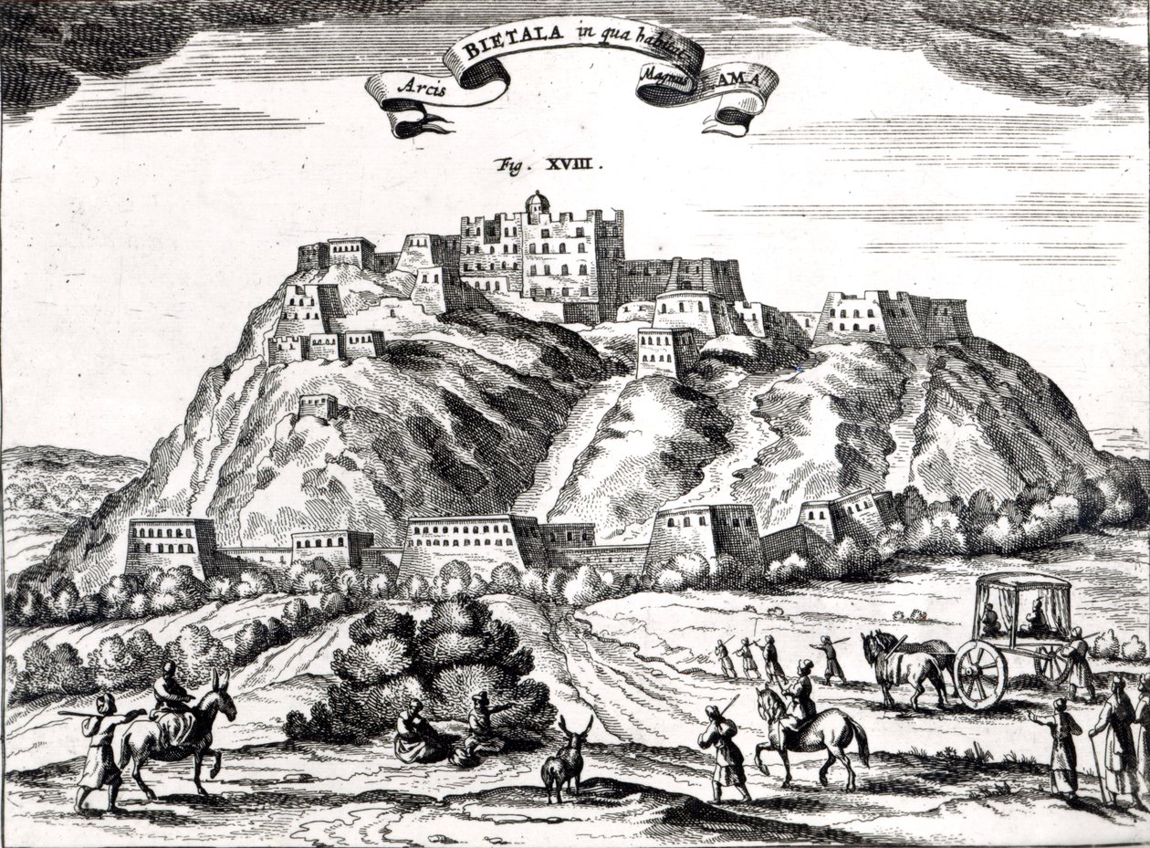 Bietala, pevnost Lamy Velikého, Království Lhassa, ilustrace z „La Chine illustree“ od Athanasiuse Kirchera (1602-80) Amsterdam, 1670 (rytina) (černobílá fotografie) od Dutch School