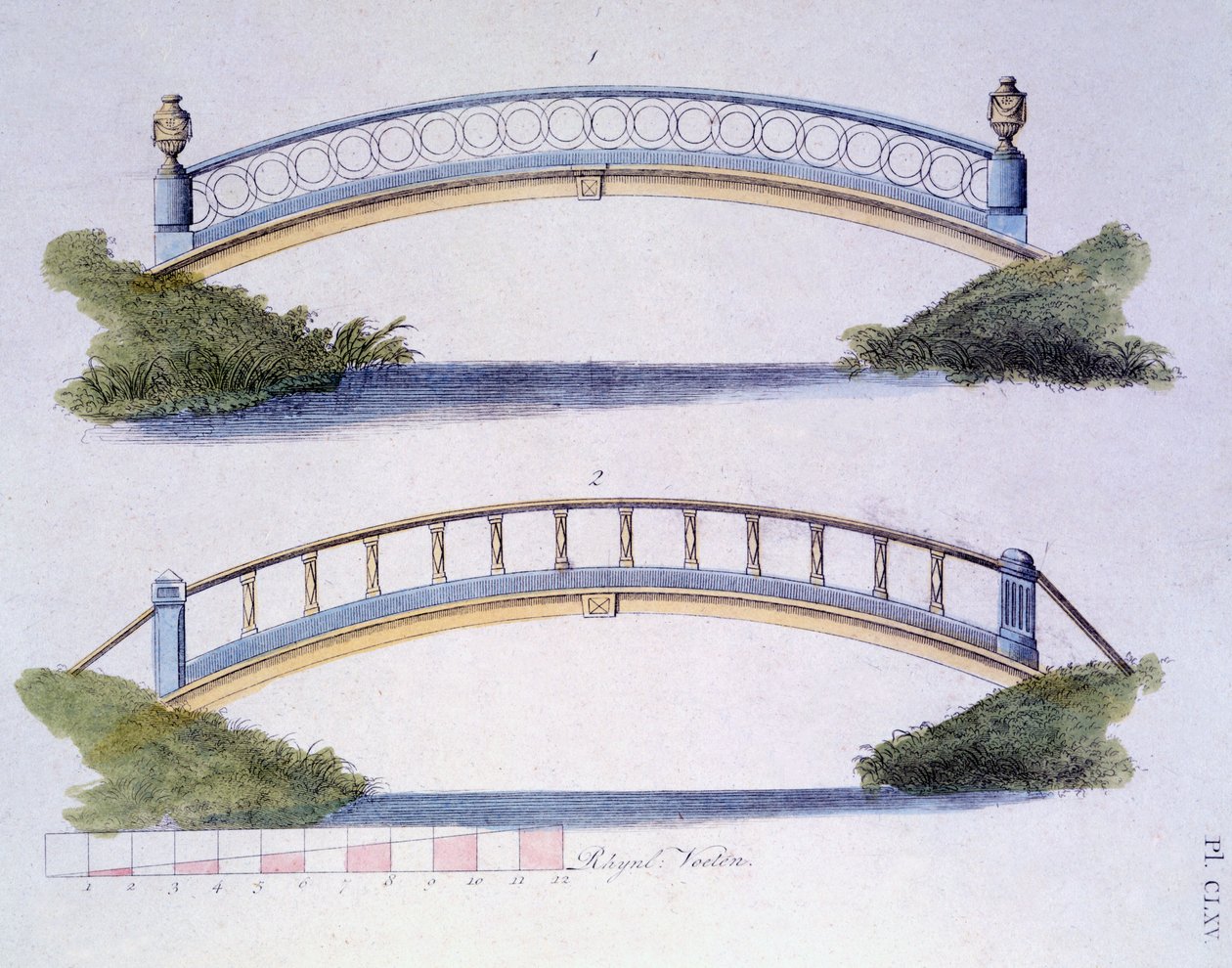 Návrhy mostů z Magazine of Garden Gems od G. van Laara, vydaného v roce 1802 od Dutch School
