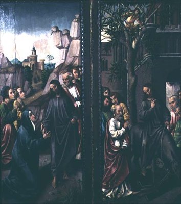 Kristus se loučí se svou matkou; Kristův vjezd do Jeruzaléma, kolem roku 1500 od Dutch School