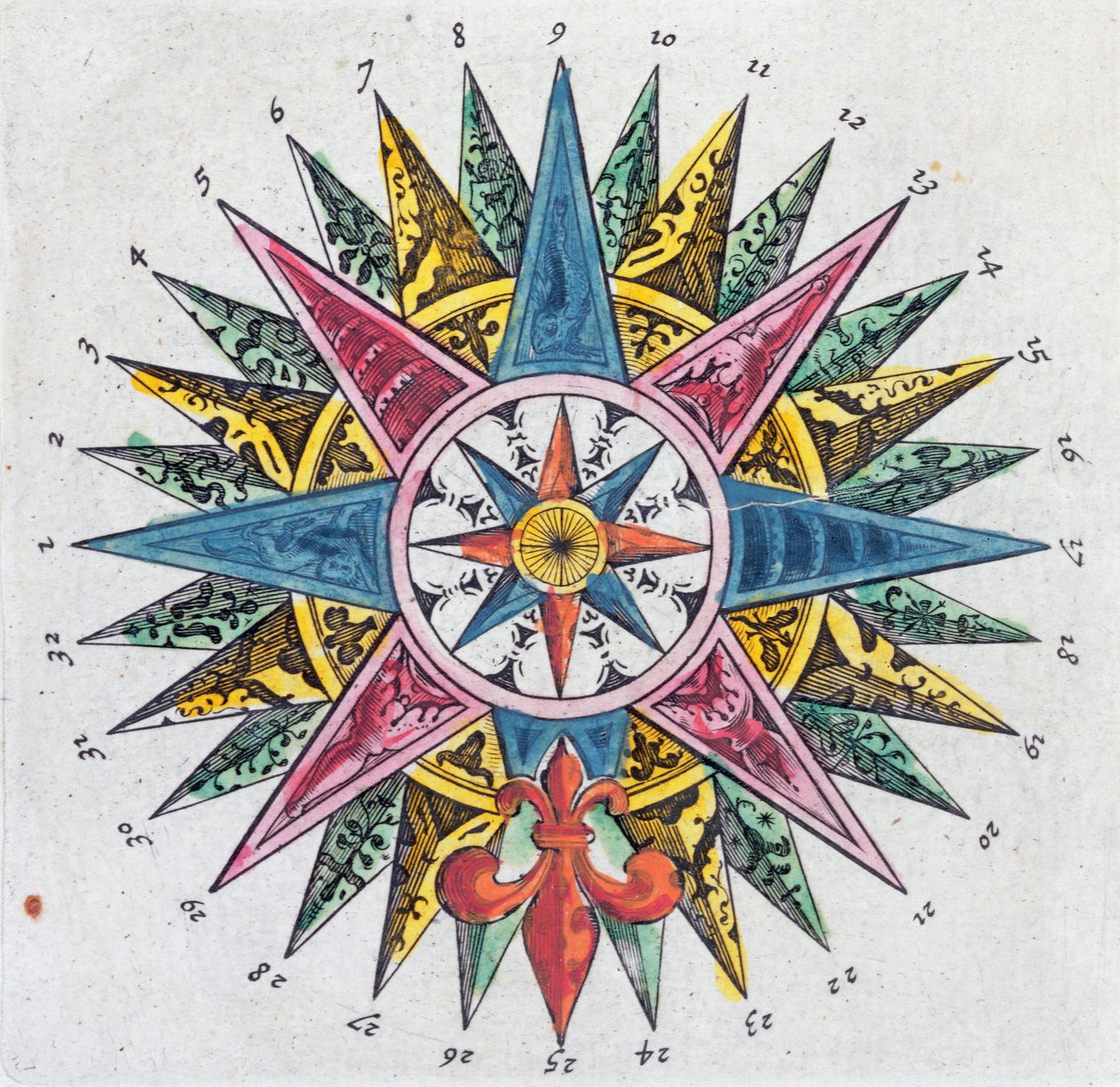 Kompasová růžice z atlasu Blaue Atlas, vydaného v Amsterdamu roku 1697 od Dutch School