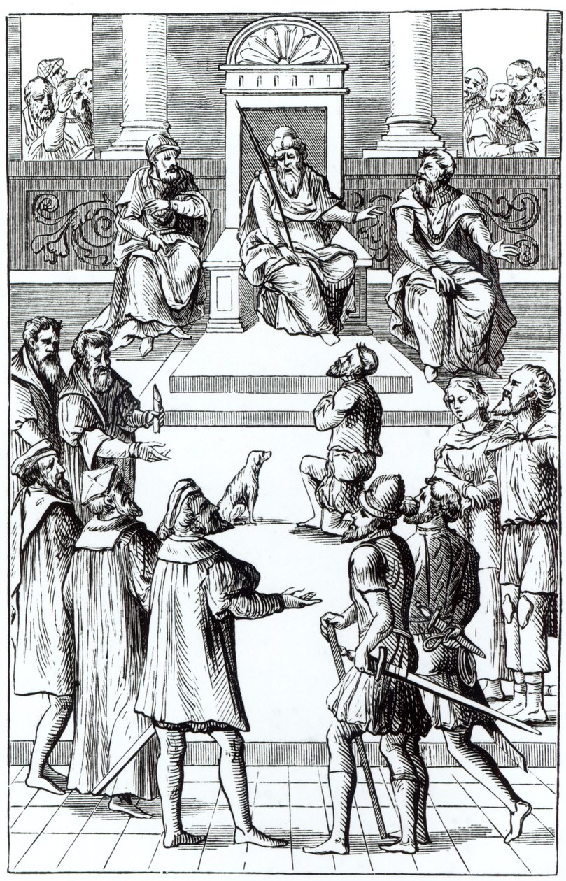 Přiznání k nápravě před tribunálem po dřevorytu v Praxis Rerum Criminalium od Joose de Damhoudera (1507-81), publikovaném v Antverpách, 1556 od Dutch School