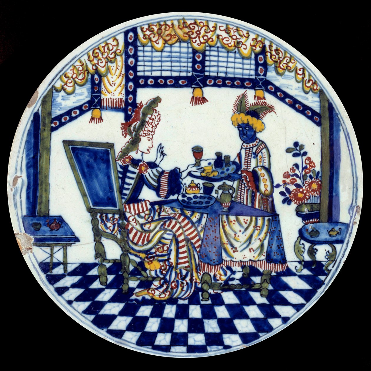 Porcelánový talíř Delft představující ženu u stolu obsluhovaného jejím černým sluhou. 1705 Sevres, Národní muzeum keramiky od Dutch School
