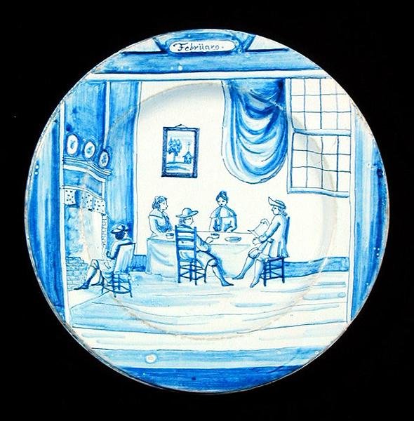 Delftware talíř zobrazující měsíc únor (cínem glazovaná kamenina) od Dutch School