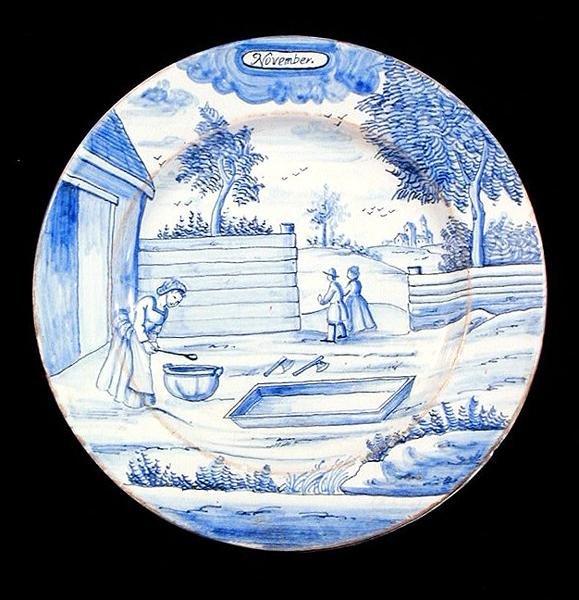 Delftware talíř zobrazující měsíc listopad (cínem glazovaná kamenina) od Dutch School
