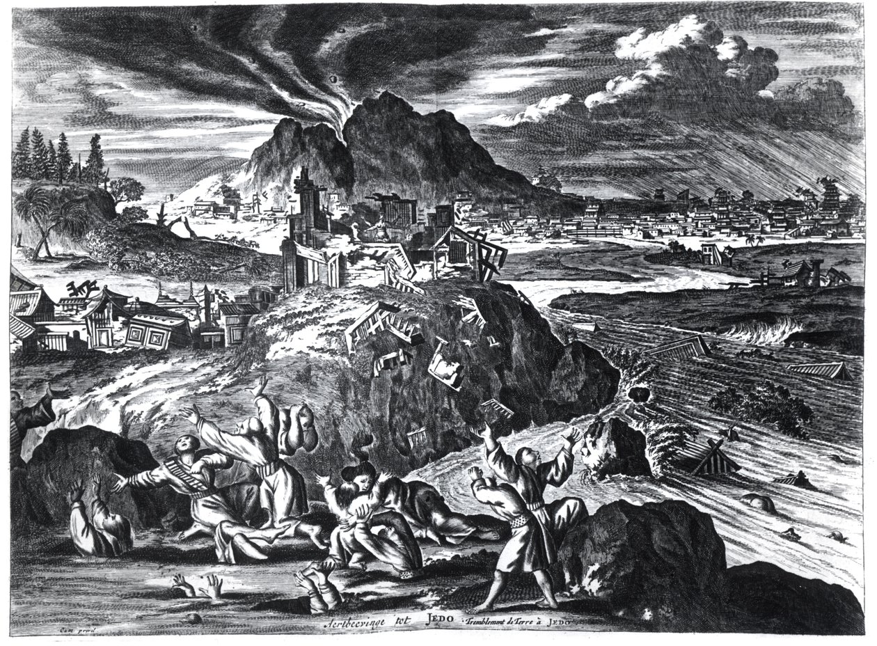 Zemětřesení v Edo (Tokio) v roce 1659, ilustrace z účtu Arnolda Montana o ambasádách zaslaných Nizozemskou východoindickou společností císaři Japonska, publikované v Amsterdamu 1669 ( od Dutch School