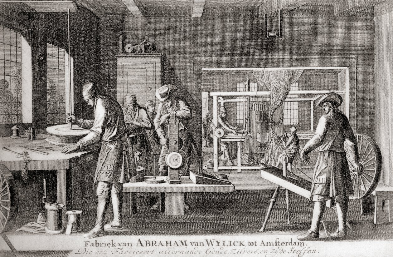 Továrna Abrahama van Wylicka, Amsterdamský hedvábnický průmysl, z knihy "Geschiedenis van Nederland", vyd. 1936 (litografie) od Dutch School