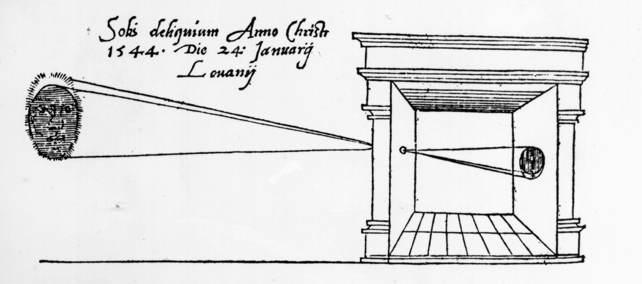Poprvé zveřejněná ilustrace camery obscury pozorující zatmění Slunce v lednu 1544 od Dutch School