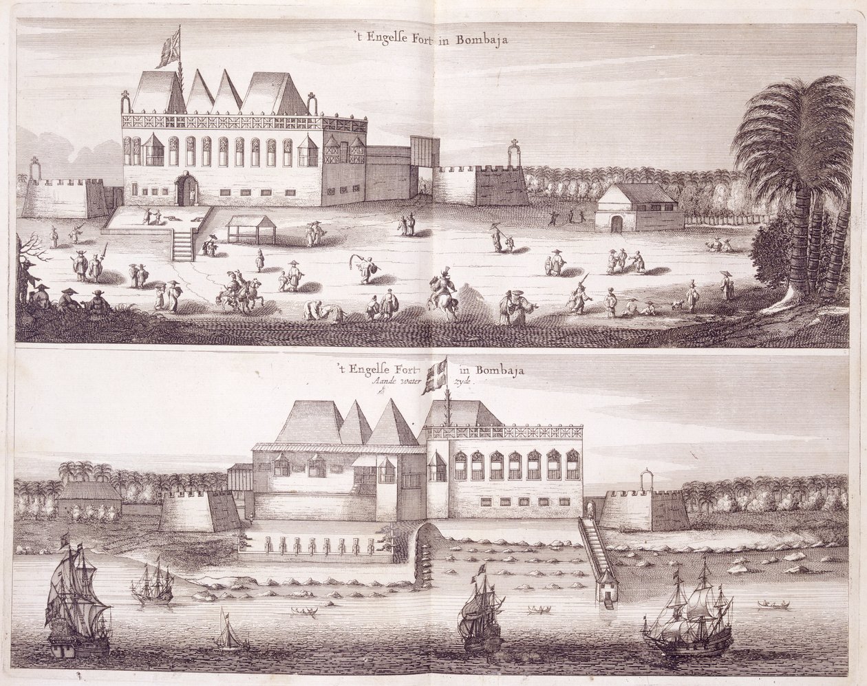 Přední a nábřežní pohledy na anglickou pevnost v Bombaji, 1672 od Dutch School