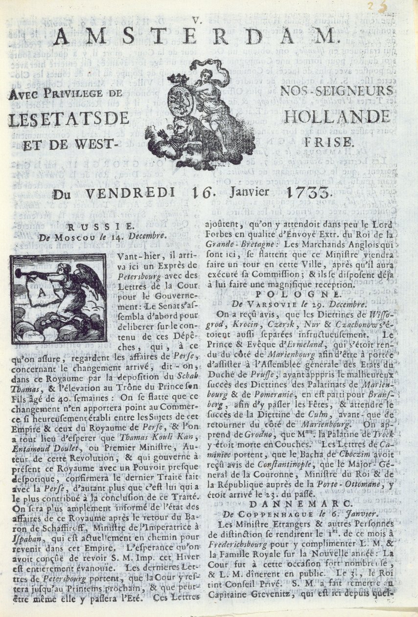 Přední strana La Gazette dAmsterdam, 16. ledna 1733 (tištěný papír) od Dutch School
