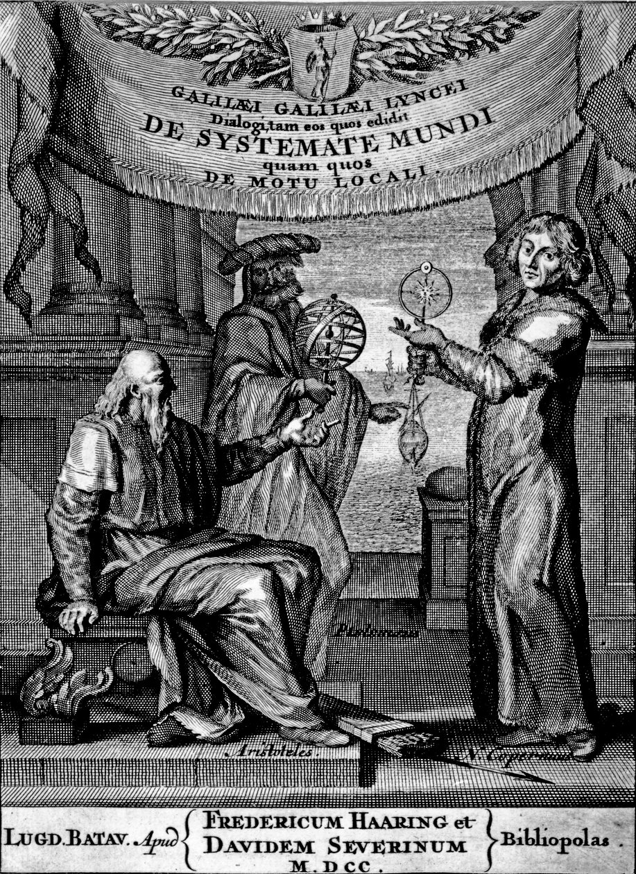 Frontispis knihy Dialogus De Systemate Mundi od Galilea, vydání z roku 1641 od Dutch School