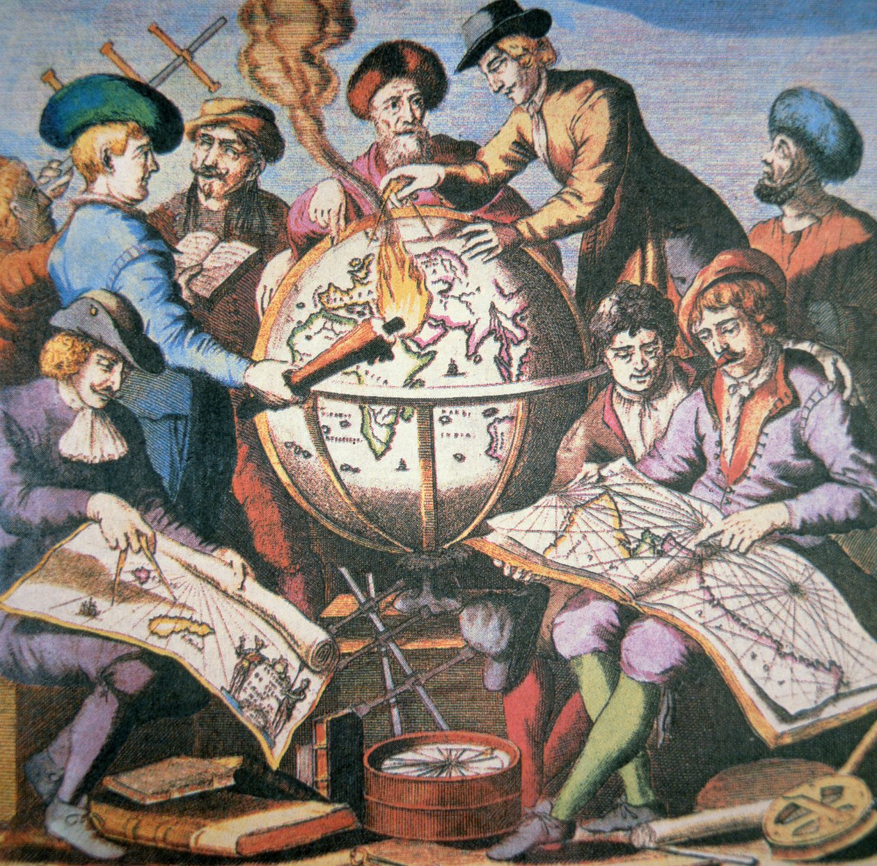 Frontispis holandského mapového atlasu zobrazující skupinu kartografů a nástrojů, kolem roku 1710 (barevné lito) od Dutch School