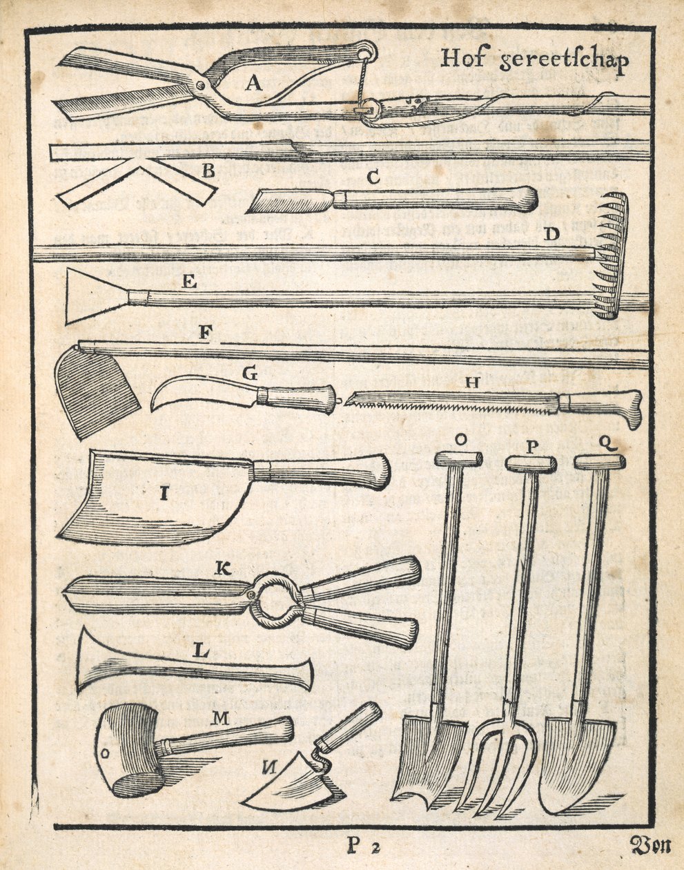 Zahradní nářadí z knihy The Dutch Gardener od Johanna van der Groena, vydané v roce 1699 od Dutch School