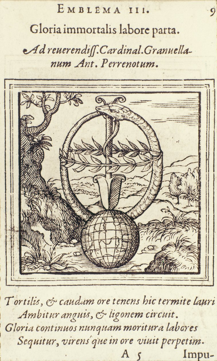 Sláva nesmrtelné práce zvítězila, ilustrace z Emblemata od Adrianuse Juniuse, vydal Christophe Plantin, Anvers, 1565 od Dutch School