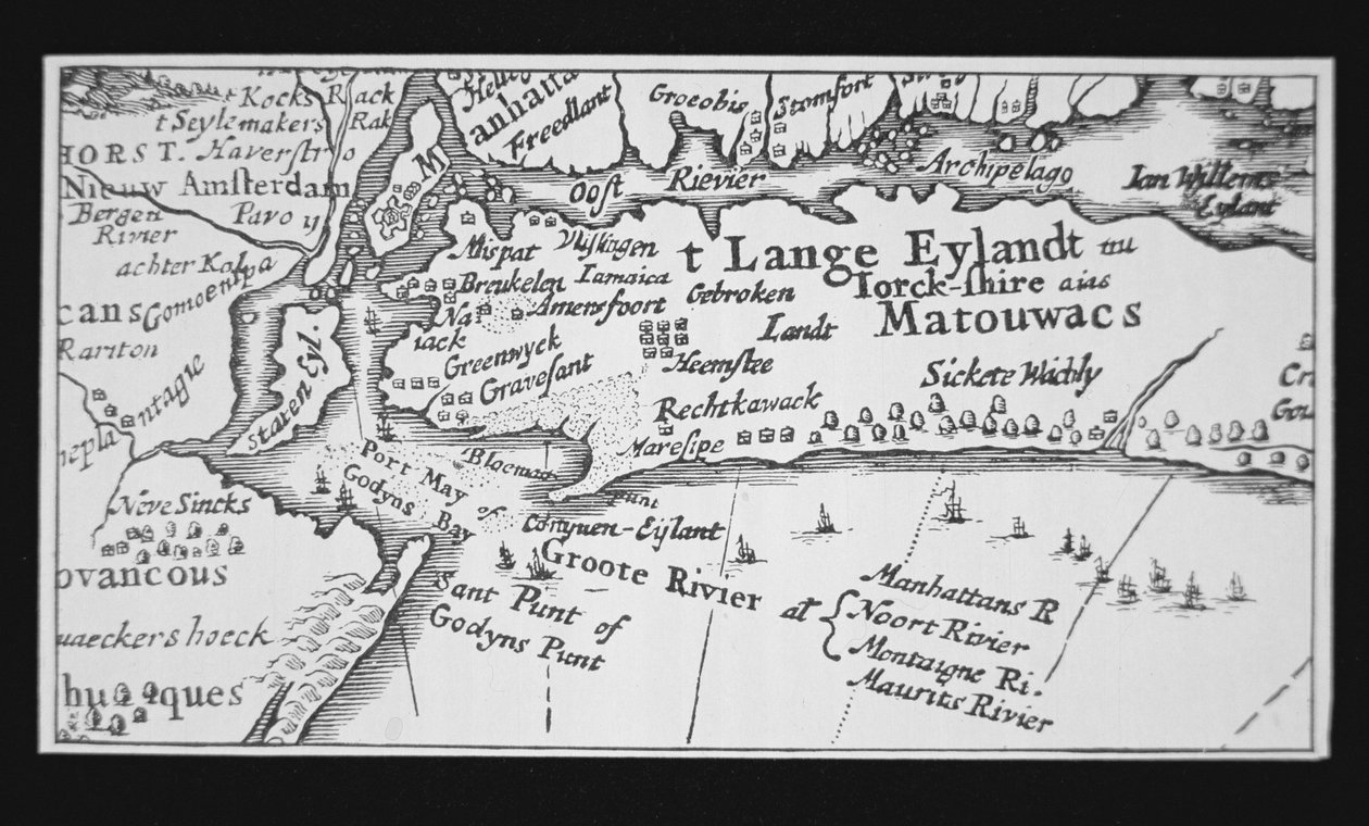 Historie New Yorku: Nizozemská mapa znázorňující znovudobytí Manhattanu od Dutch School