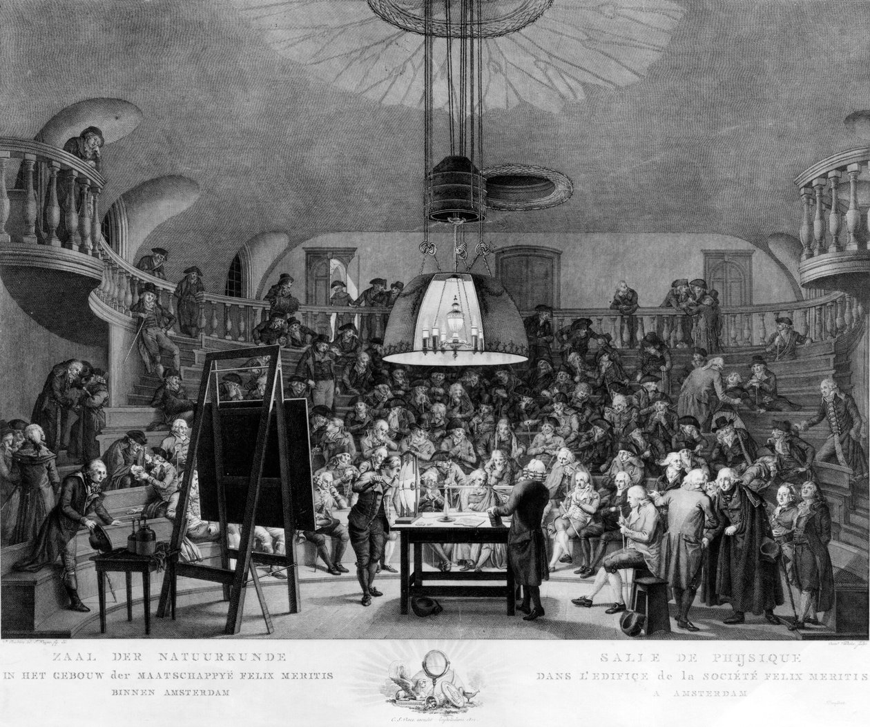 J. H. van Swinden, předvádějící výrobu elektřiny společnosti Felix Meritis Society, Amsterdam, kolem roku 1800 od Dutch School