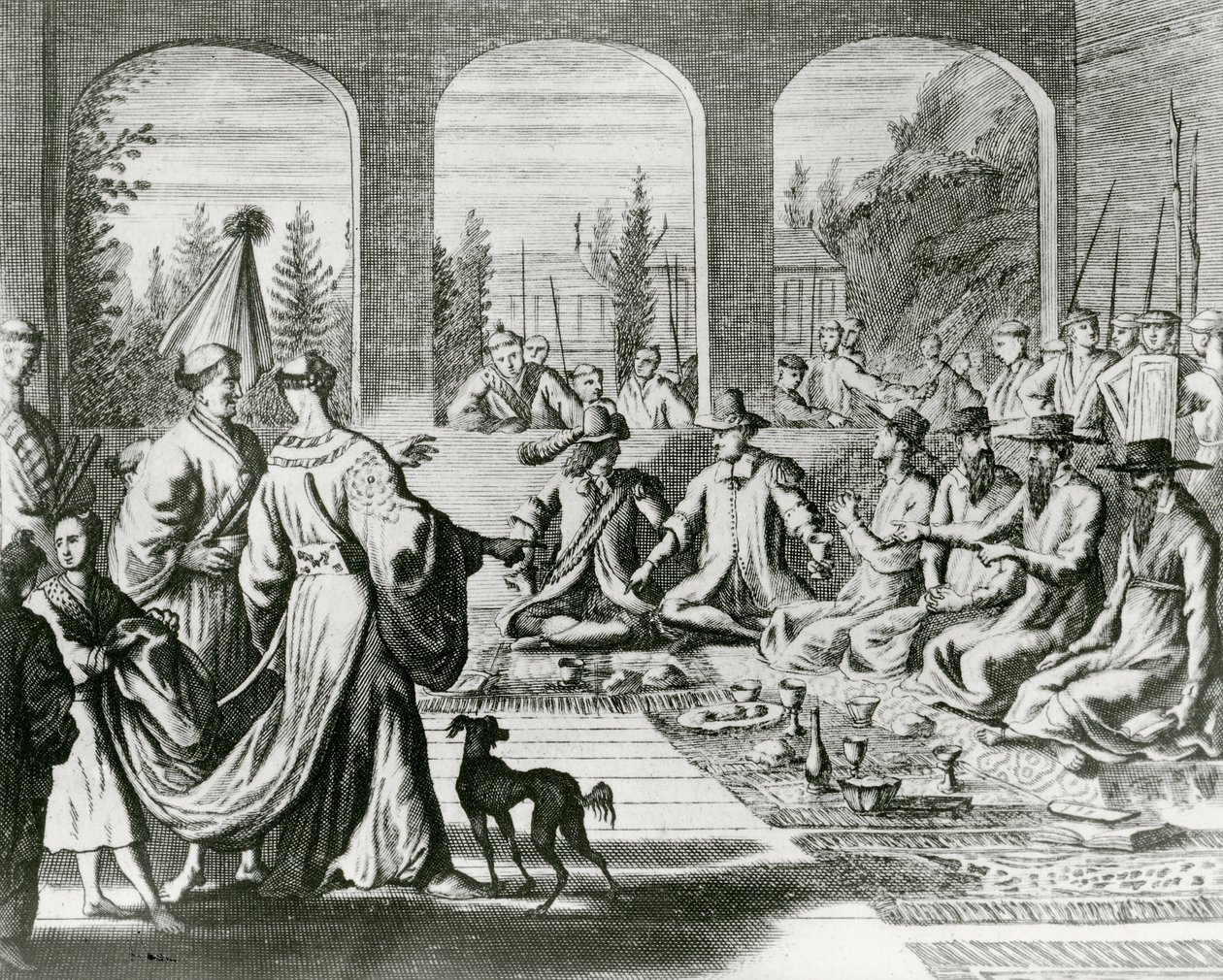 Jezuité s holandskými a portugalskými obchodníky u japonského dvora, kolem roku 1670 (rytina) od Dutch School