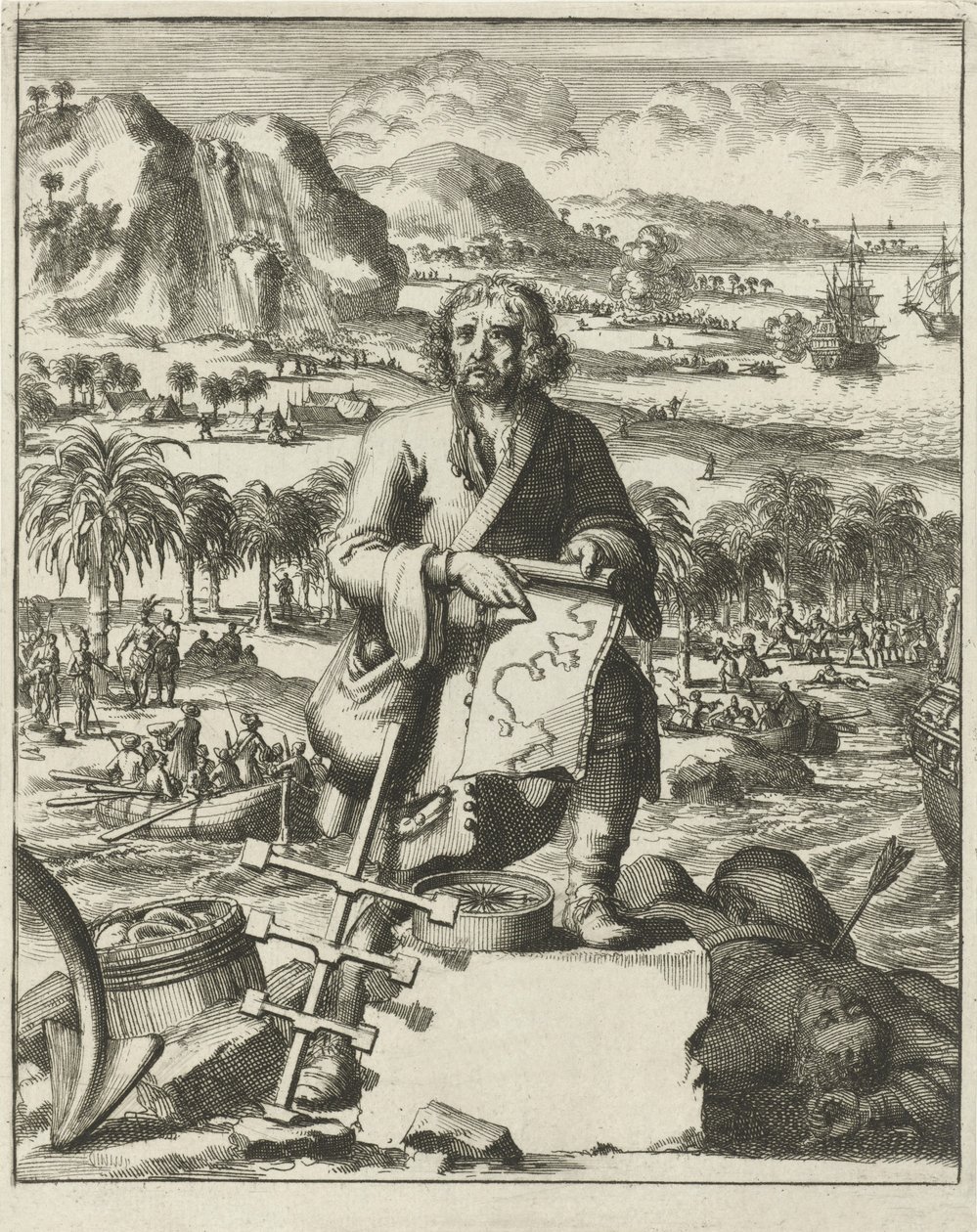 Louis Hennepin landing in North America, pub. 1688 (rytina) od Dutch School