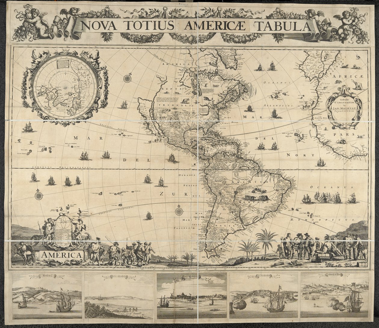 Mapa Ameriky, stůl Nova totius Americae, [s pohledy na] Panama, Caput S. Augustini, Nový Amsterdam, S. Spasitel, Jméno D. Bůh. Kreslil J. Mathysz od Dutch School