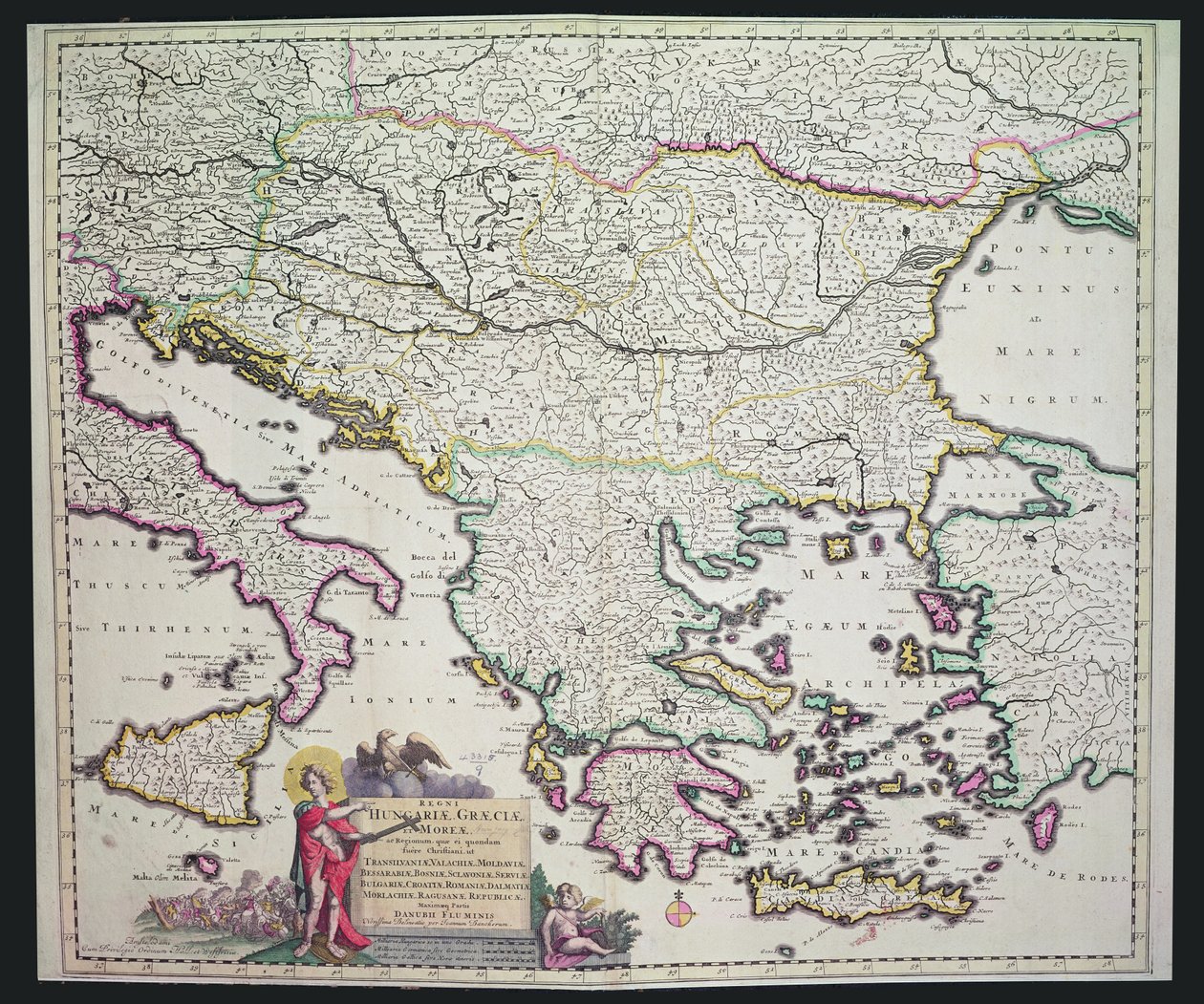 Mapa Řecka, Maďarska a jejich okolních zemí (ručně kolorovaná rytina) od Dutch School