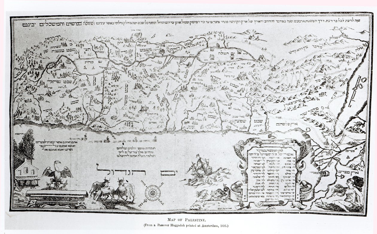 Mapa Palestiny, z velikonoční Hagady, vytištěná v roce 1695 od Dutch School