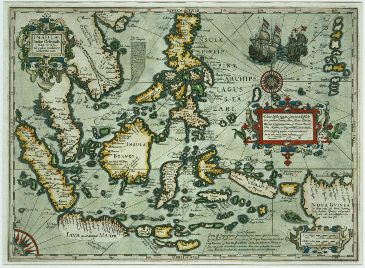 Mapa Východní Indie, pub. 1635 v Amsterdamu (ručně kolorovaná rytina) od Dutch School