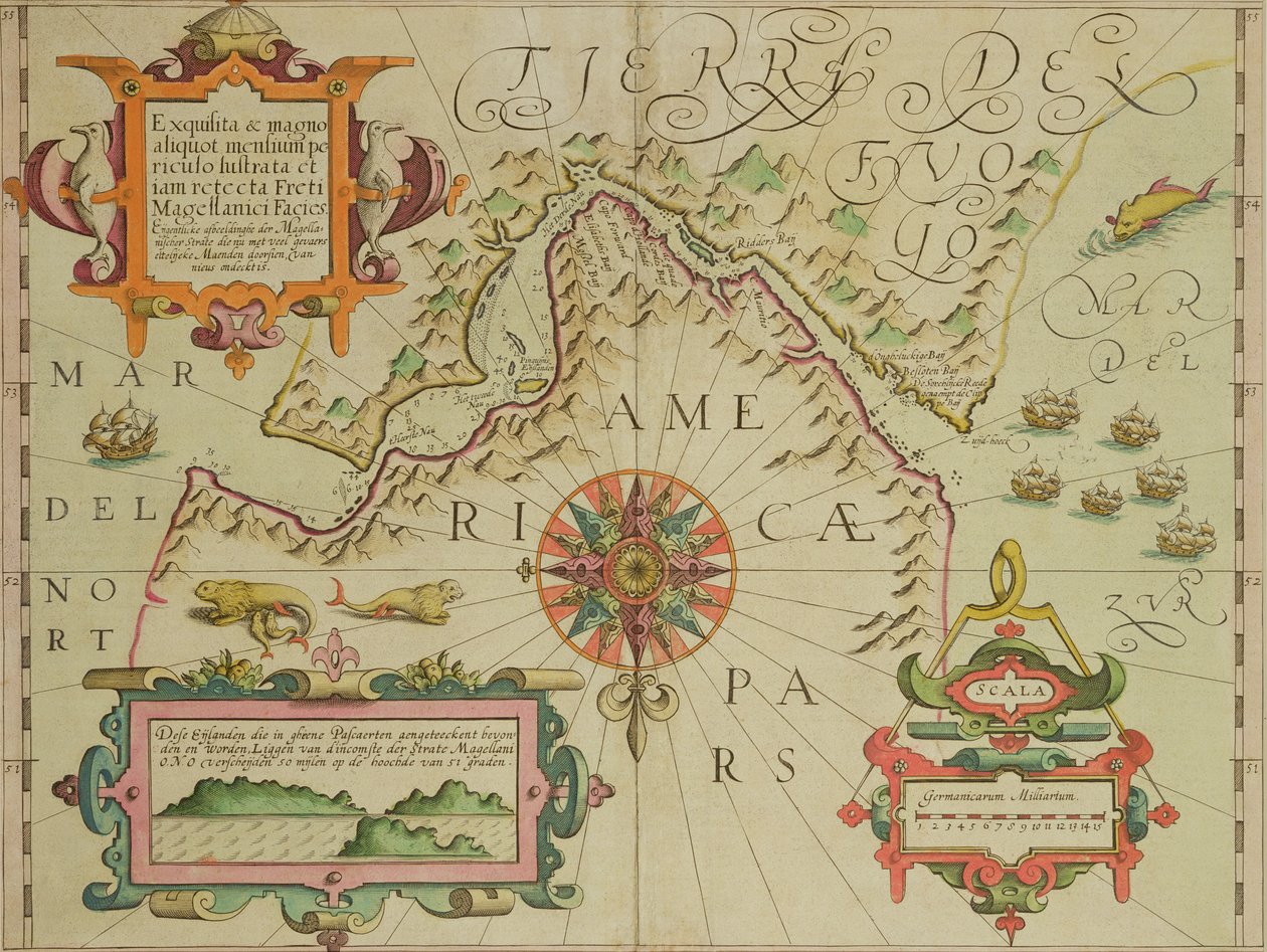 Mapa Magellanského průlivu, Patagonie, z hospody Mercator Atlas. Jodocus Hondius (1563-1612) Amsterdam, 1606 od Dutch School