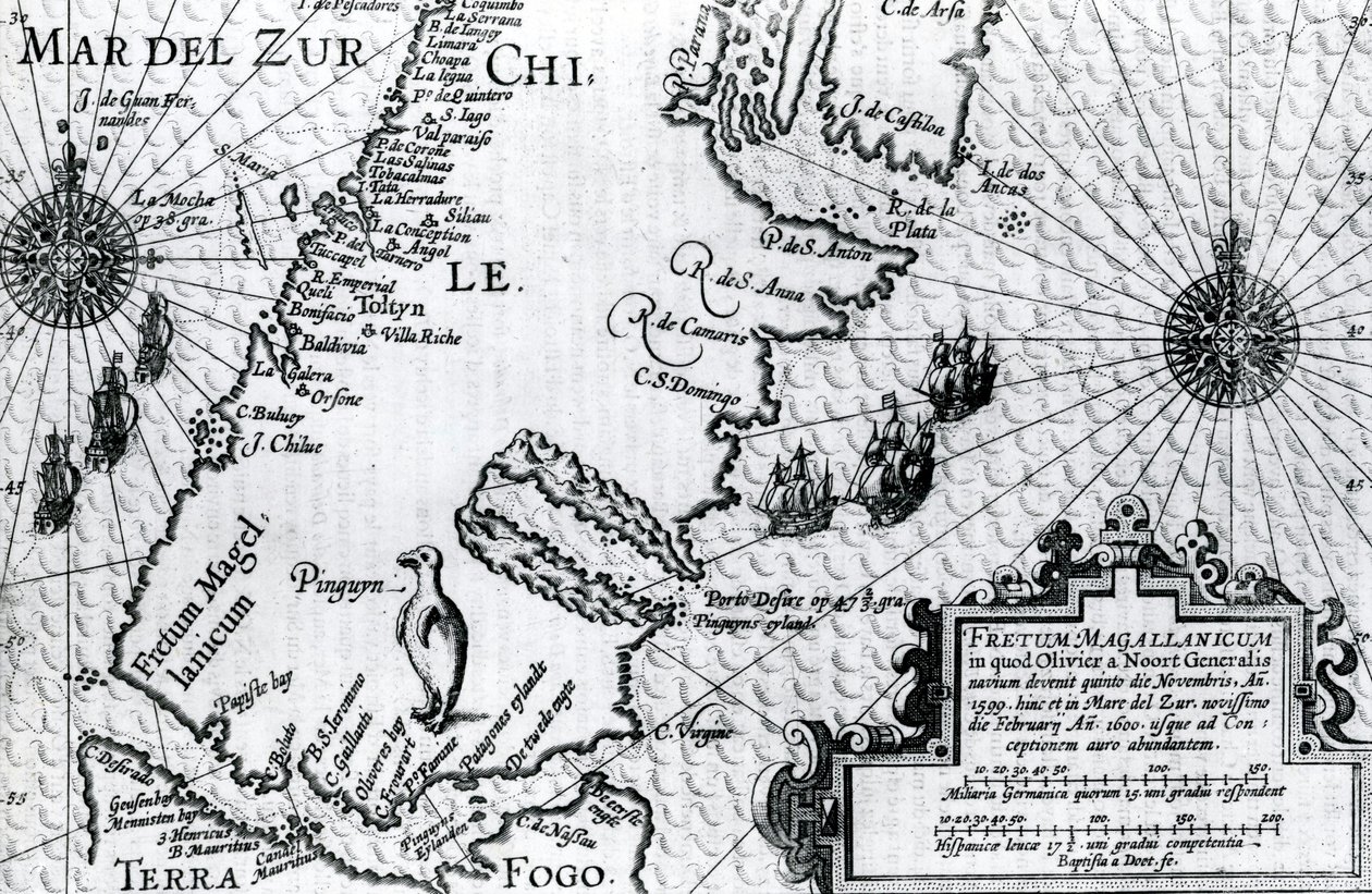 Mapa Magellanského průlivu, deska od Olivera van Noortse s popisem jeho cesty, 1602 od Dutch School