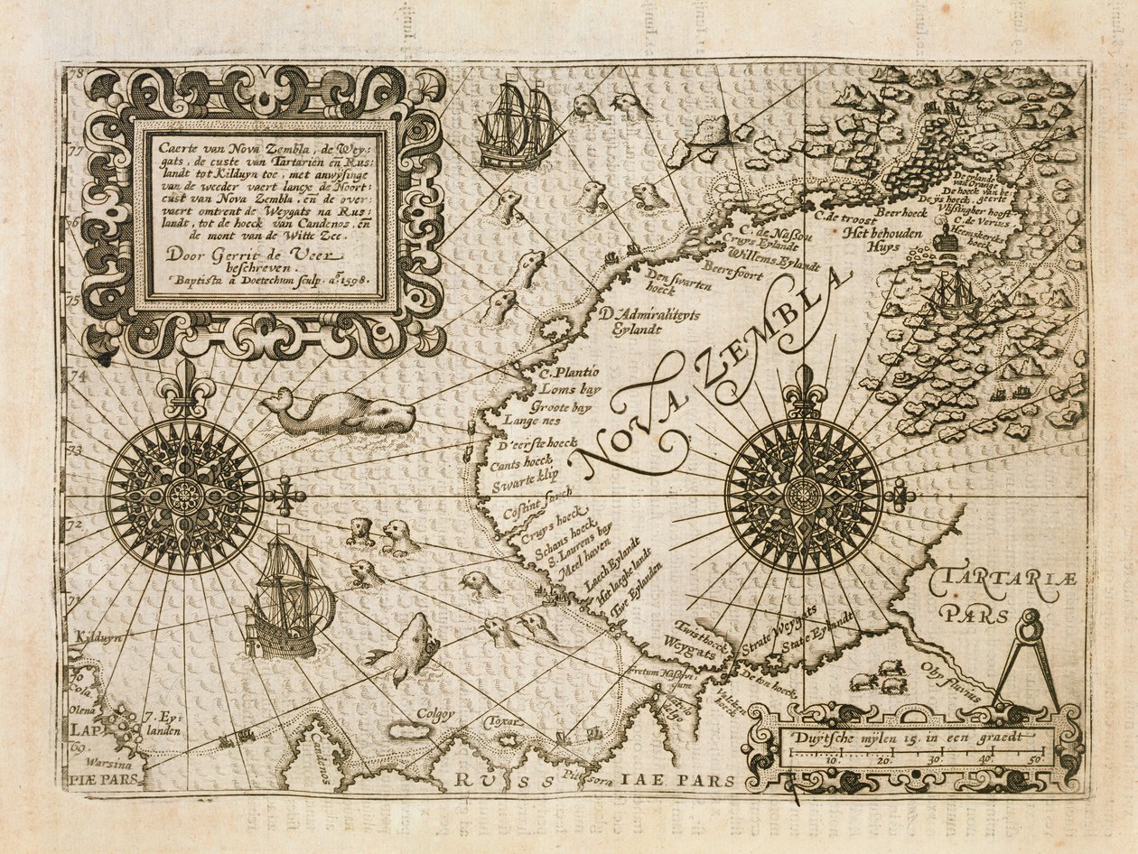 Mapa nově objevené Nové Země, ilustrace z Diarium Nauticum, seu vera descriptio trium navigationum admirandarum... od Gerrita de Veera, 1598 od Dutch School