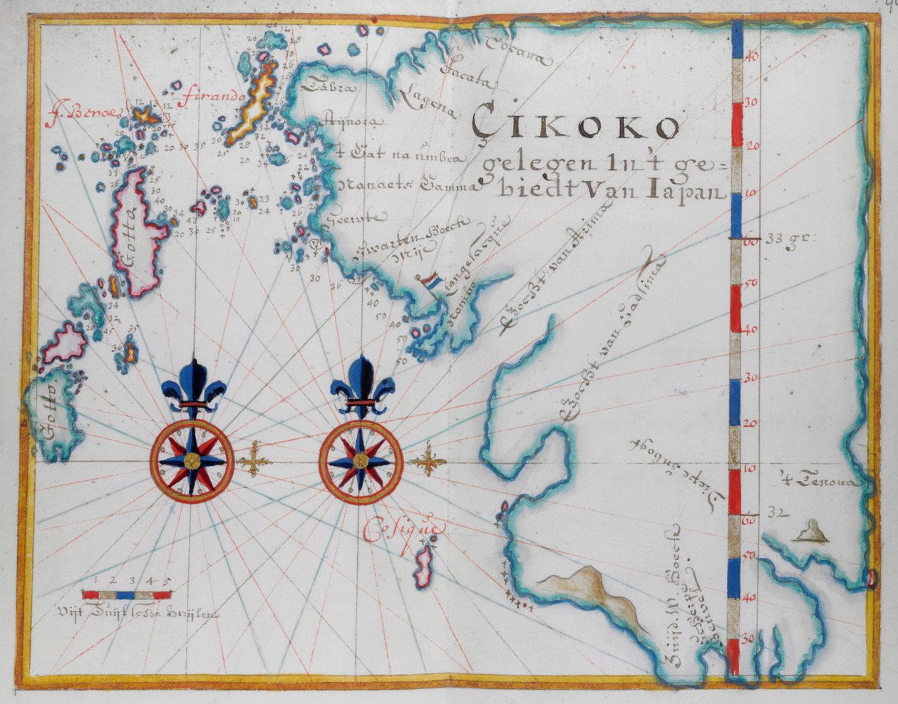Mapa jižní části ostrova Kjúšú, Japonsko (pero a akvarel na papíře) od Dutch School