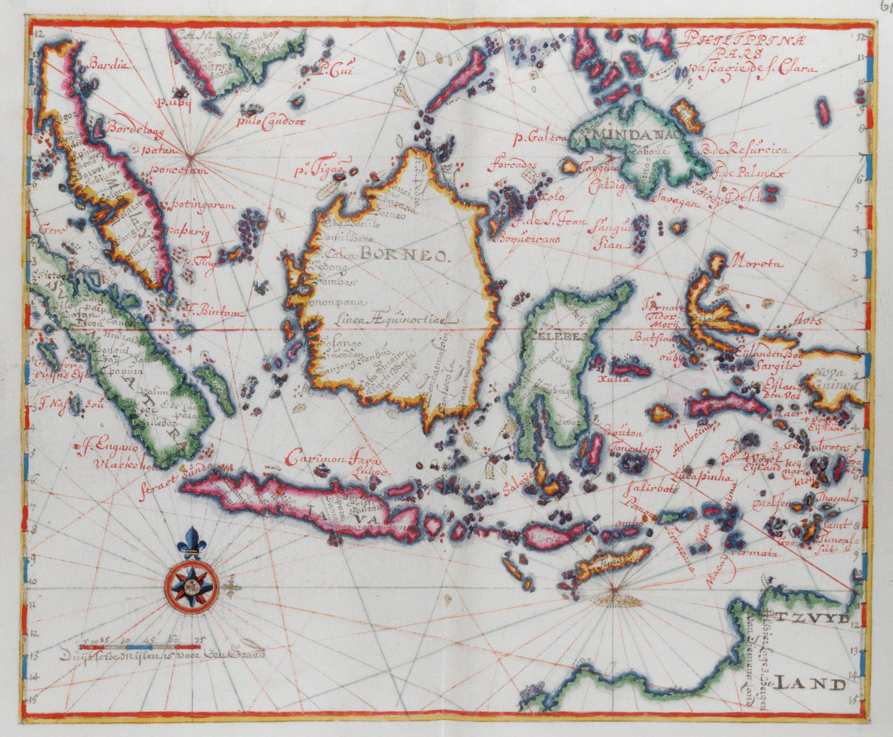 Mapa zobrazující Borneo, Clebes (Sulawesi), Jávu a další indonéské ostrovy. od Dutch School