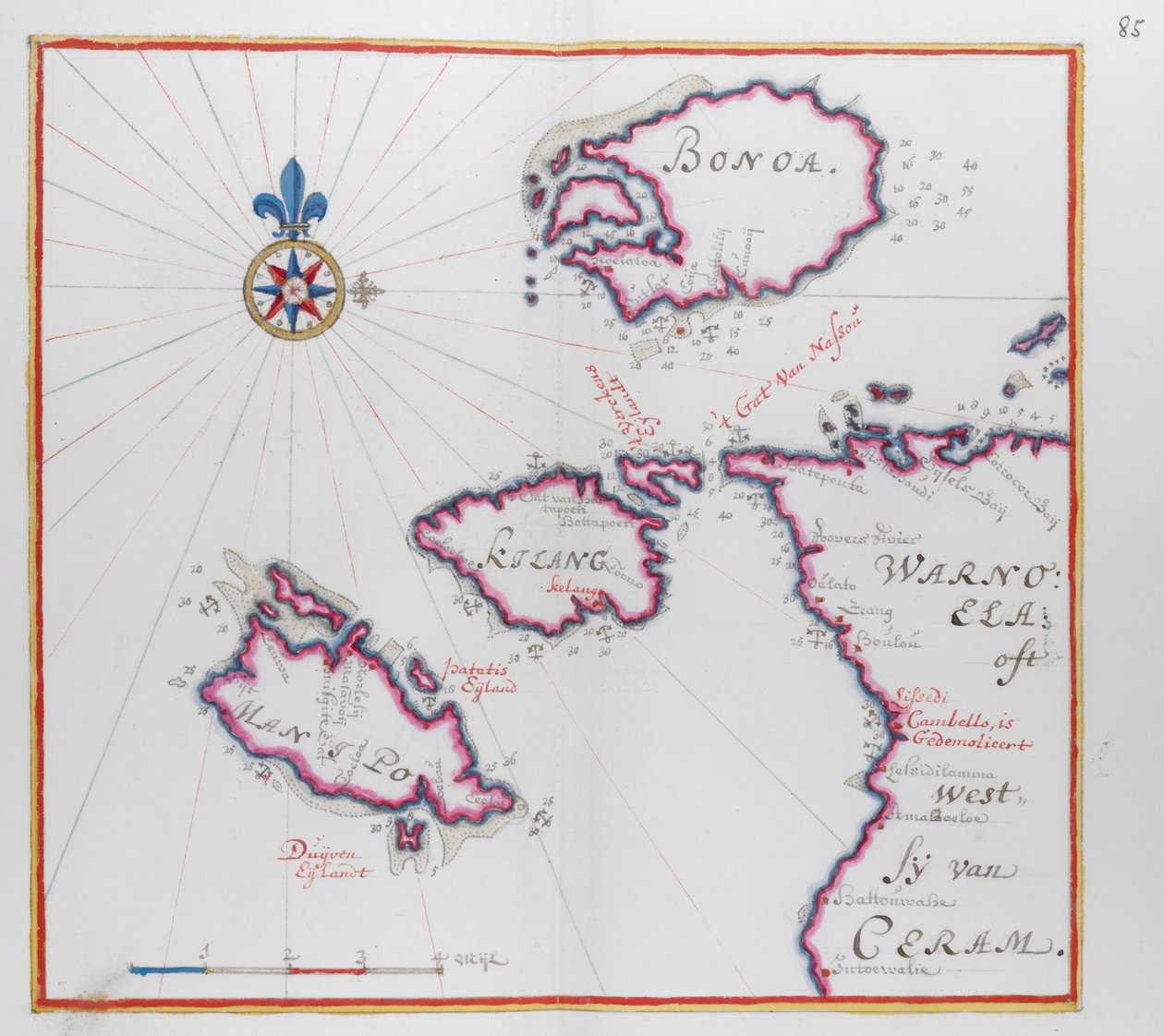 Mapa zobrazující část ostrova Ceram (Seram) a Bonoa (ostrov Boano) a ostrov Kelang a ostrov Manipa. od Dutch School