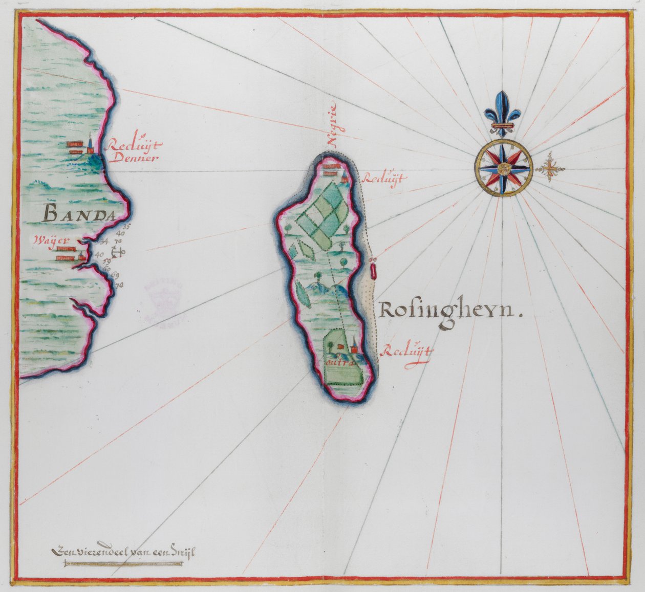 Mapa zobrazující malou část Banda Besar (Lonthoir) a Hatta (Rosengain.) Ostrovy Bnda, část indonéské provincie Maluku. od Dutch School