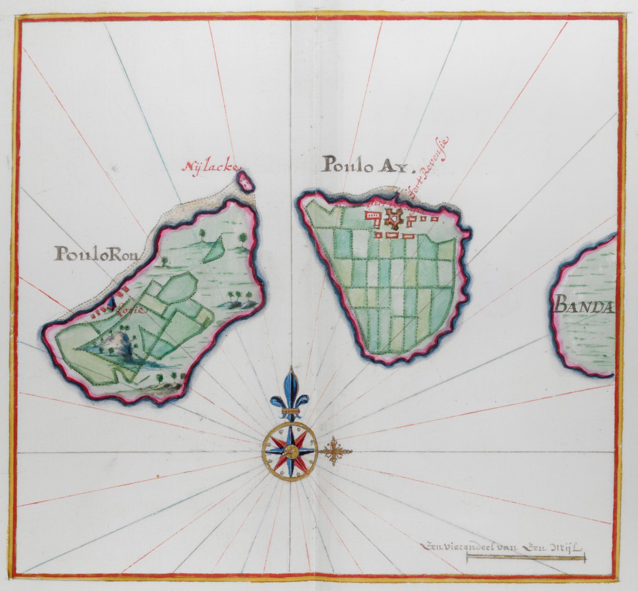 Mapa ukazuje dva z ostrovů Banda. od Dutch School