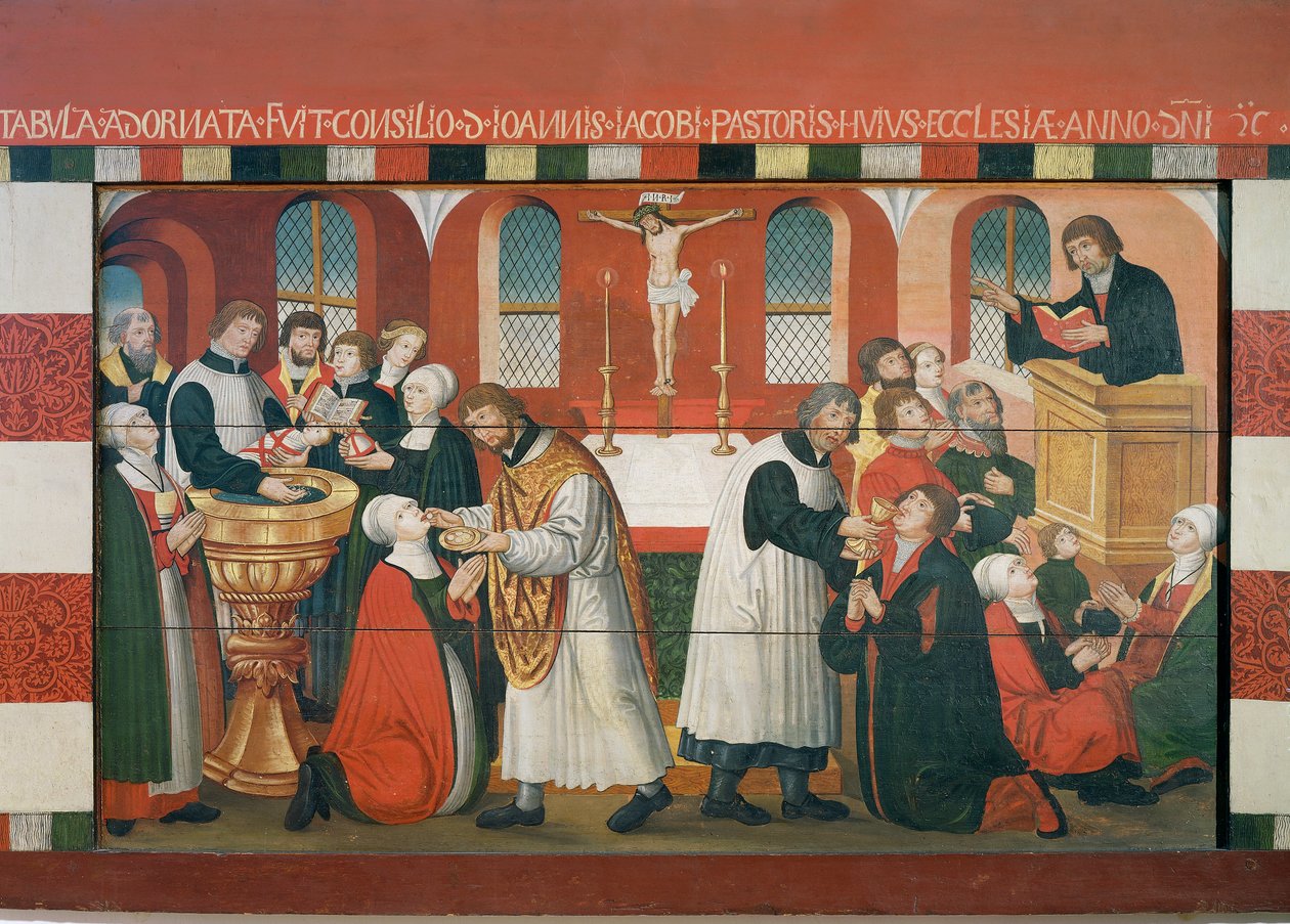 Kázání Martina Luthera, detail z oltářního obrazu kostela Torslunde od Dutch School