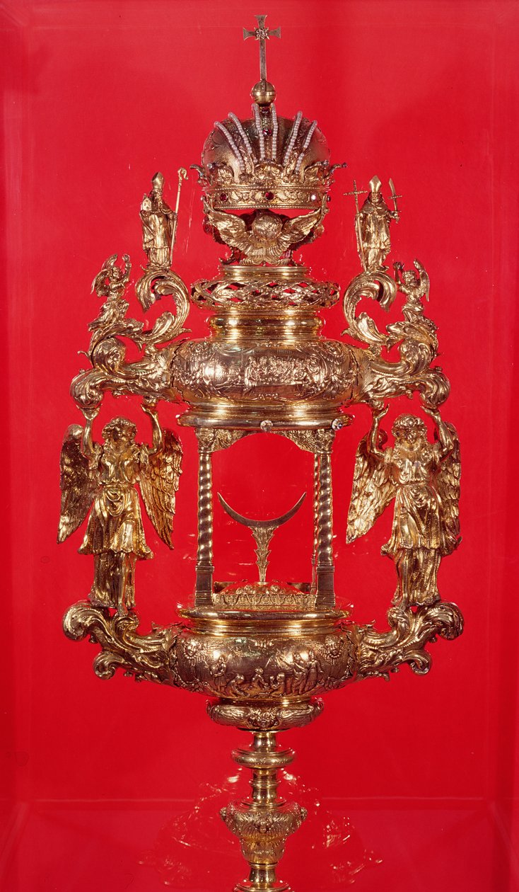 Monstrance, nesoucí značku Haarlem pro rok 1764 a možná značku výrobce, propíchnutý kosočtverec (stříbrně zlacený) od Dutch School