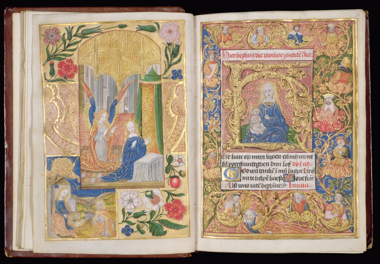 Ms 144, ff.13v-14r: Zvěstování a Panna a dítě, miniatury z Knihy hodin, Use of Utrecht, c.1500-20 (zlatolist a zlato a barevné inkousty na pergamenu) od Dutch School