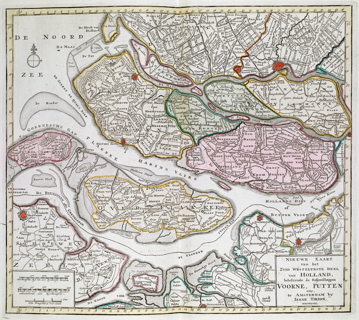 Nová mapa jihozápadní části Holandska, včetně soudních vykonavatelů Voorne, Putten atd. [Třicet šest map Nizozemska] Isaak TirionBetween 1739 and 1757. od Dutch School