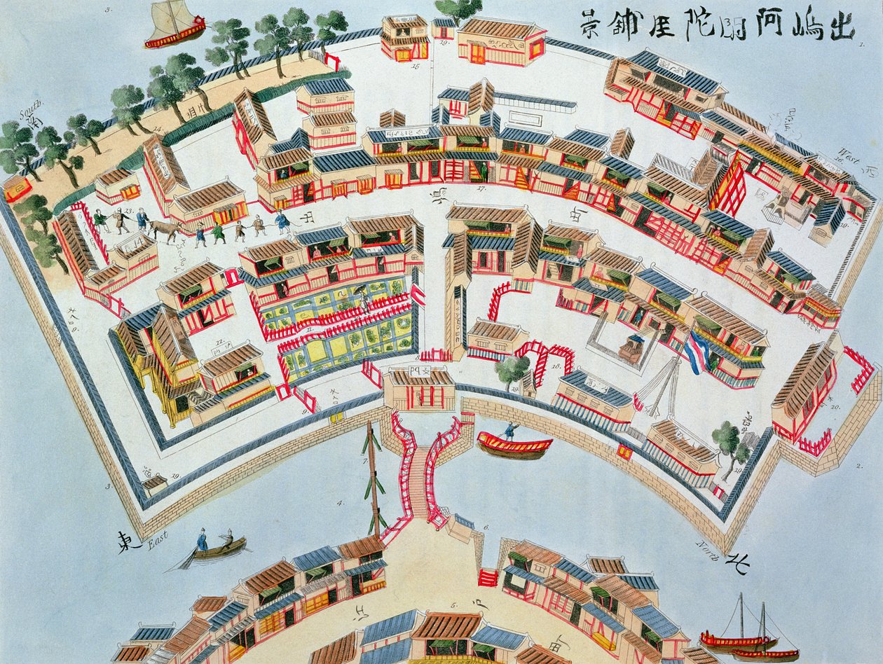 Plán holandské továrny na ostrově Desima v Nagasaki, z ilustrací Japonska od Isaaca Titsingha (asi 1740-1812), vydáno v Londýně, 1822 od Dutch School