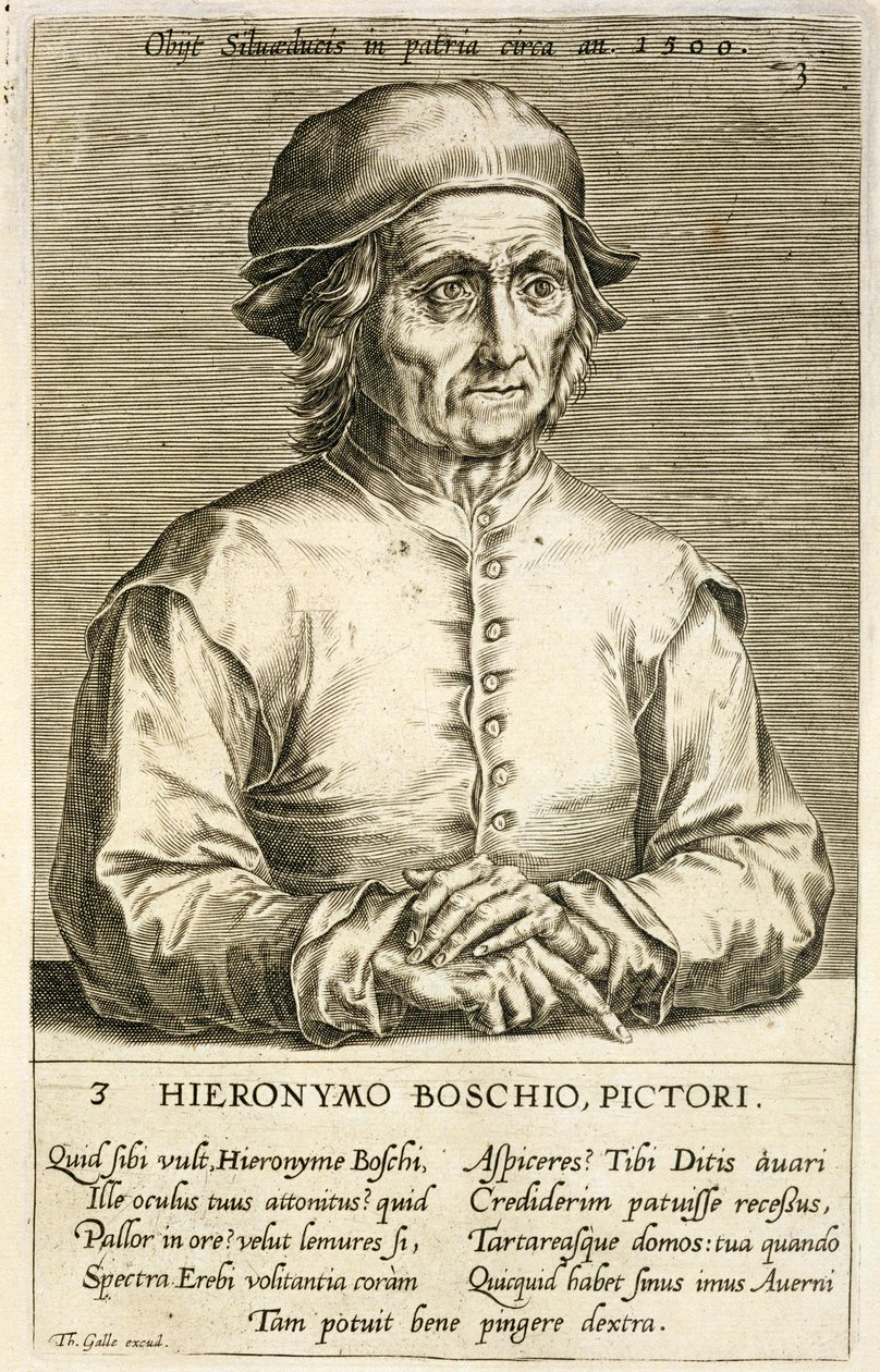 Portrét Hieronyma Bosche (asi 1450-1516), deska 3 v sérii portrétů umělců, vyryl Theodor Galle (1571-1633) od Dutch School