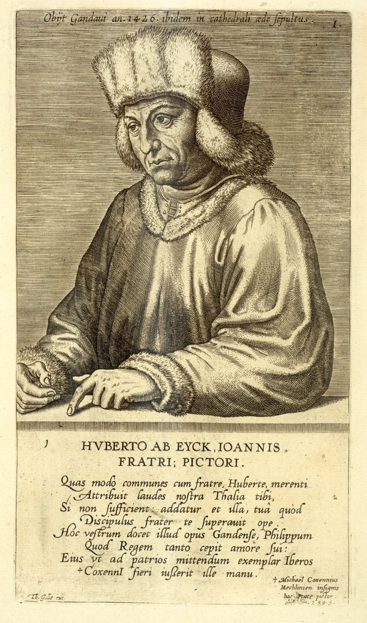 Portrét Huberta van Eycka (1366-1426) deska 1 ze série portrétů umělců, vyryl Theodor Galle (1571-1633) od Dutch School