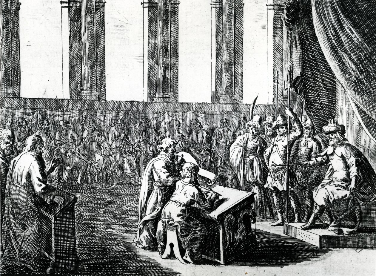 Ptolemaios Philadelphus, egyptský král, povolal 72 mužů z Judeje, aby přeložili židovský zákon do řečtiny, kolem roku 1700 od Dutch School