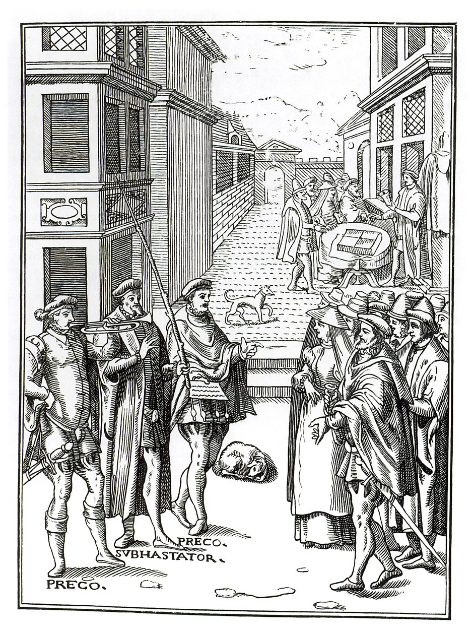 Prodej od Town Crier, po dřevorytu v Praxis Rerum Civilium od Joose de Damhoudera (1507-81), vydaný Antverpy, 1557 od Dutch School