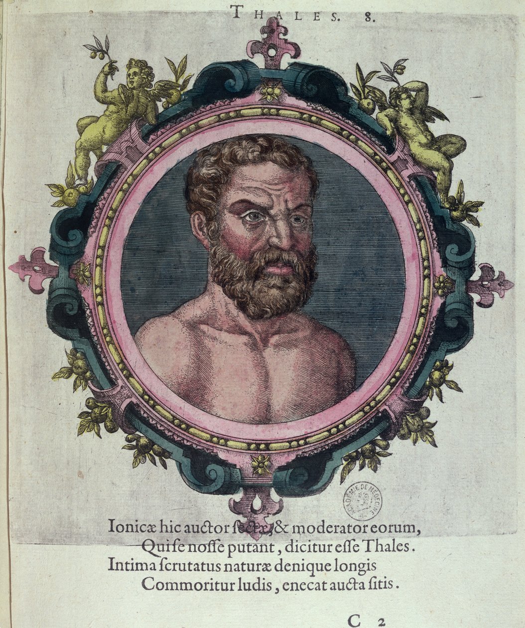 Thales of Miletus (asi 625-547 př. n. l.), ilustrace z Ikony starověké a nedávné fyziky a filozofů od Johannese Sambucuse (1531-1584), vydal Plantin v Antverpách 1574 (barevná rytina) od Dutch School