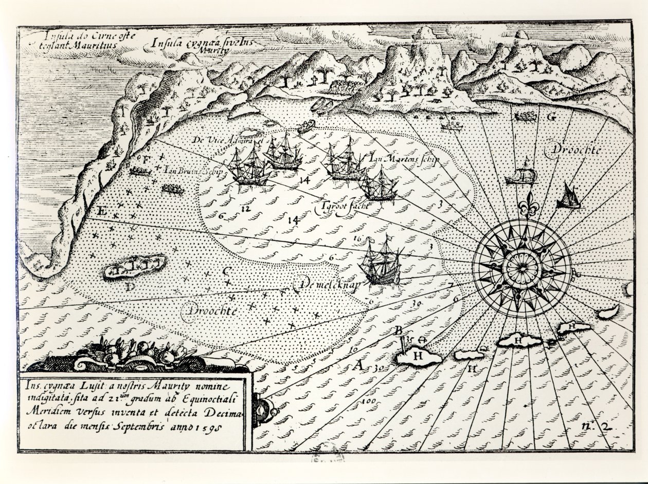 Příjezd viceadmirála Wybrandta Van Warwijcks Flotilla do jihovýchodního přístavu Mauritius v září 1598 od Dutch School