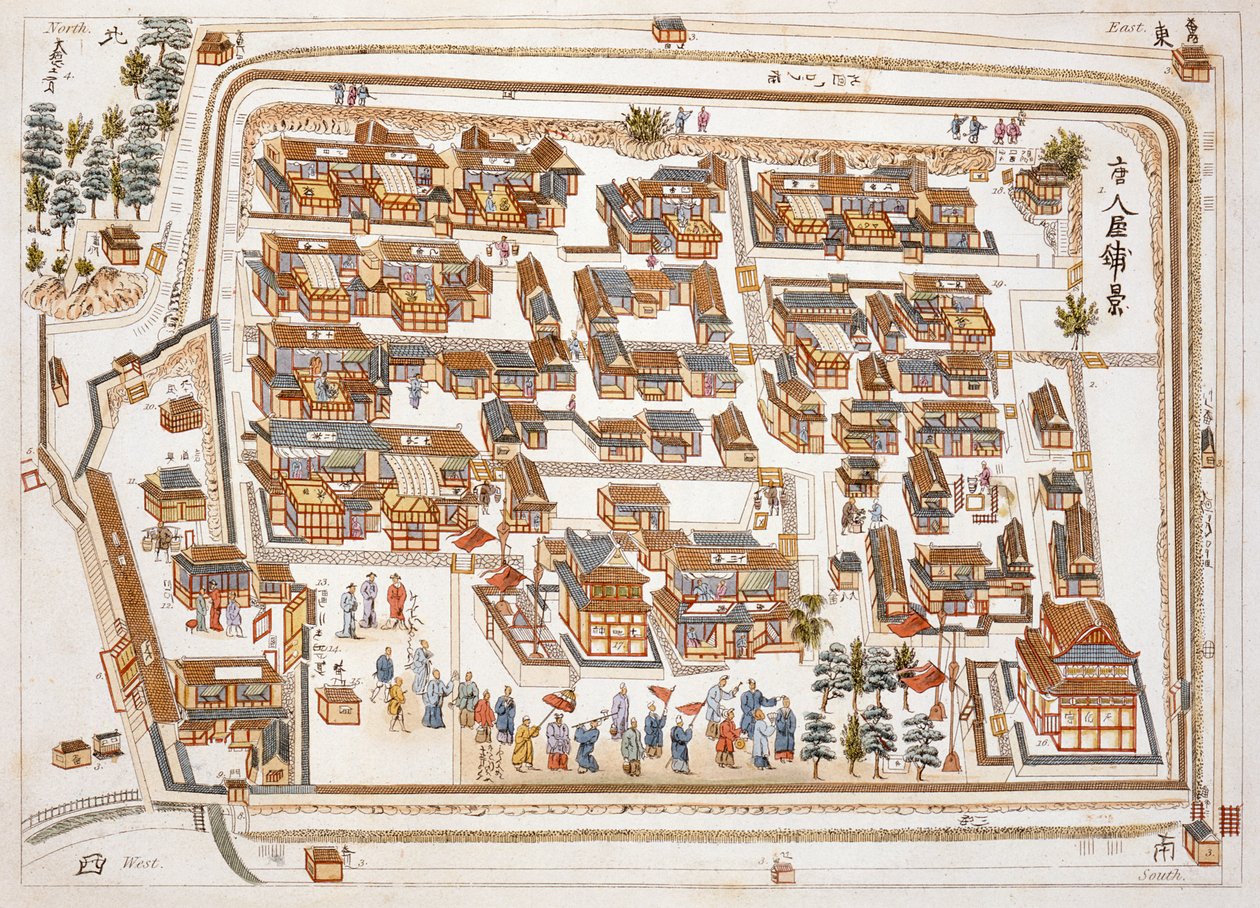 Čínská továrna v ulici Teng-chan v Nangasaki, založená v roce 1688, z Ilustrace Japonska od Isaaca Titsingha (asi 1740-1812), vydáno v Londýně, 1822 od Dutch School