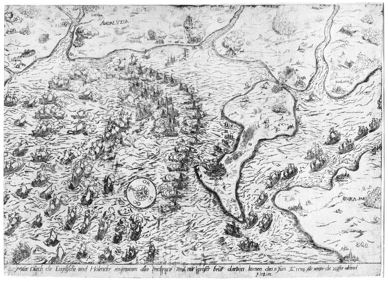 Anglické a nizozemské síly čelí španělské flotile v přístavu Cádiz v roce 1596 od Dutch School