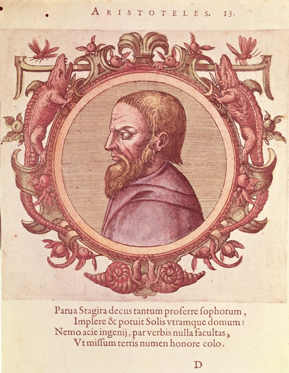 Filozof Aristoteles (384-322 př.n.l.), ilustrace ze starověké a nedávné fyziky a ikon filozofů od Johannese Sambucuse (1531-1584), vydal Plantin v Antverpách 1574 (barevná rytina od Dutch School