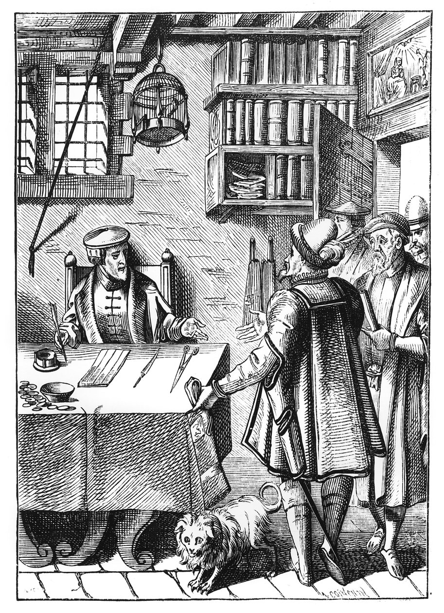 Příjemce daní, po dřevorytu v Praxis Rerum Civilium od Joose de Damhoudera (1507-81), vydaný v Antverpách, 1557 od Dutch School