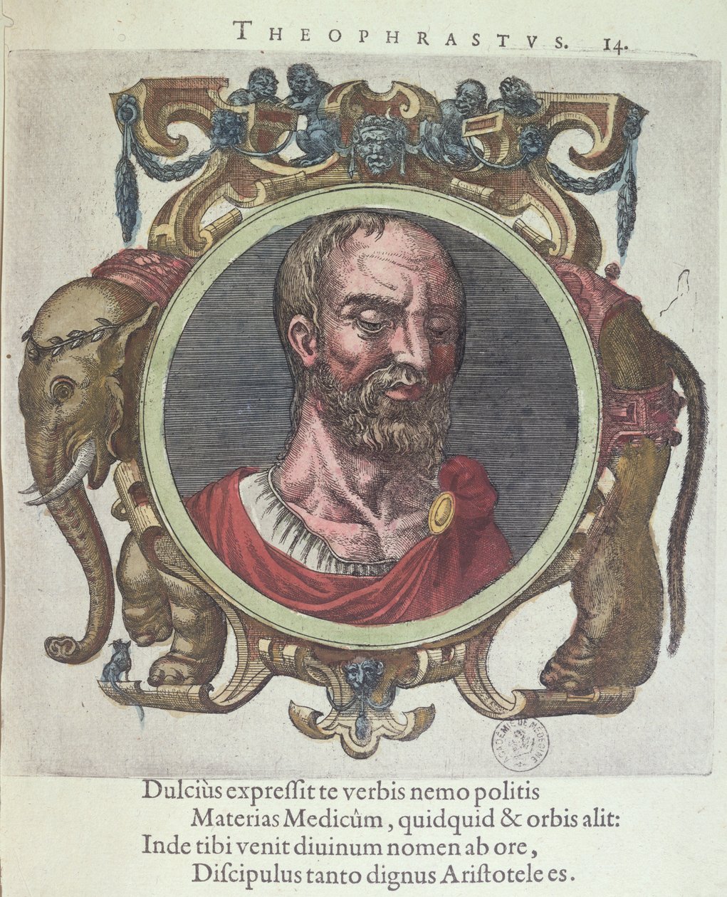 Theophrastus (asi 372-287 př.nl), ilustrace ze staré a nedávné fyziky a filozofů od Johannese Sambucuse (1531-84), vydal Plantin v Leydenu 1603 (barevná rytina) od Dutch School