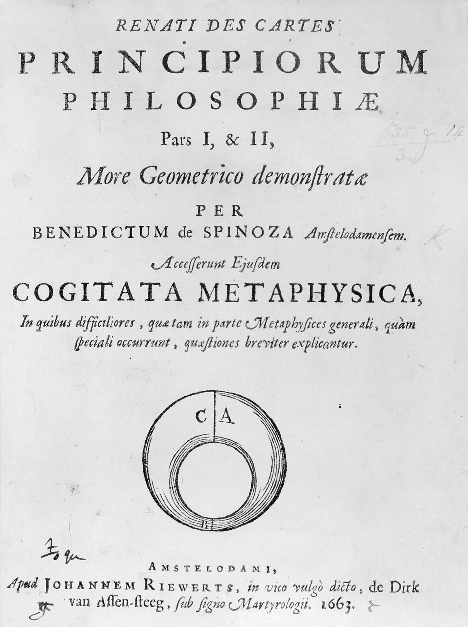 Titulní strana k filozofickým principům René Descarta od Barucha Spinozy, vydané v roce 1663 od Dutch School